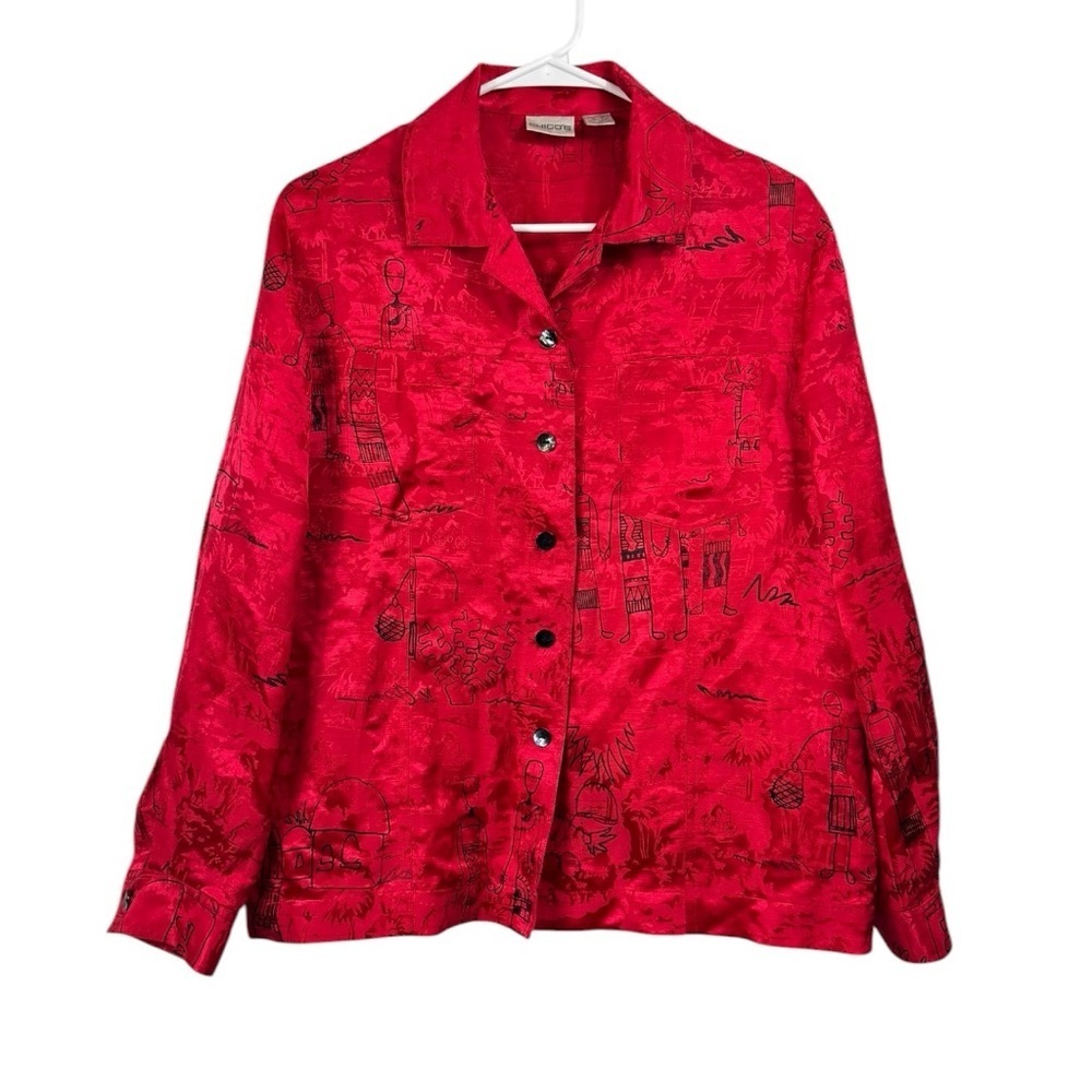 Vintage 90s Chicos Size 1 Small Red Linen Silk Blend Doodle Ethnic Print Blouse